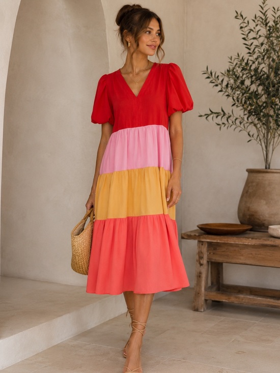 entro Dresses & Skirts - Entro Colorblock Puff-Sleeve Midi Dress in Red, Pink, Yellow, Coral size Small